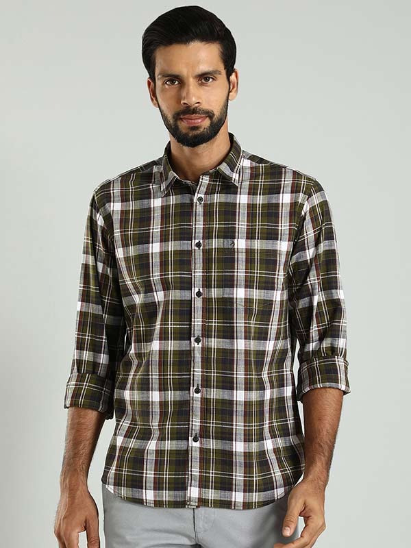 Indian Terrain Men's Regular Fit Full Sleeve Checkered Green Shirt